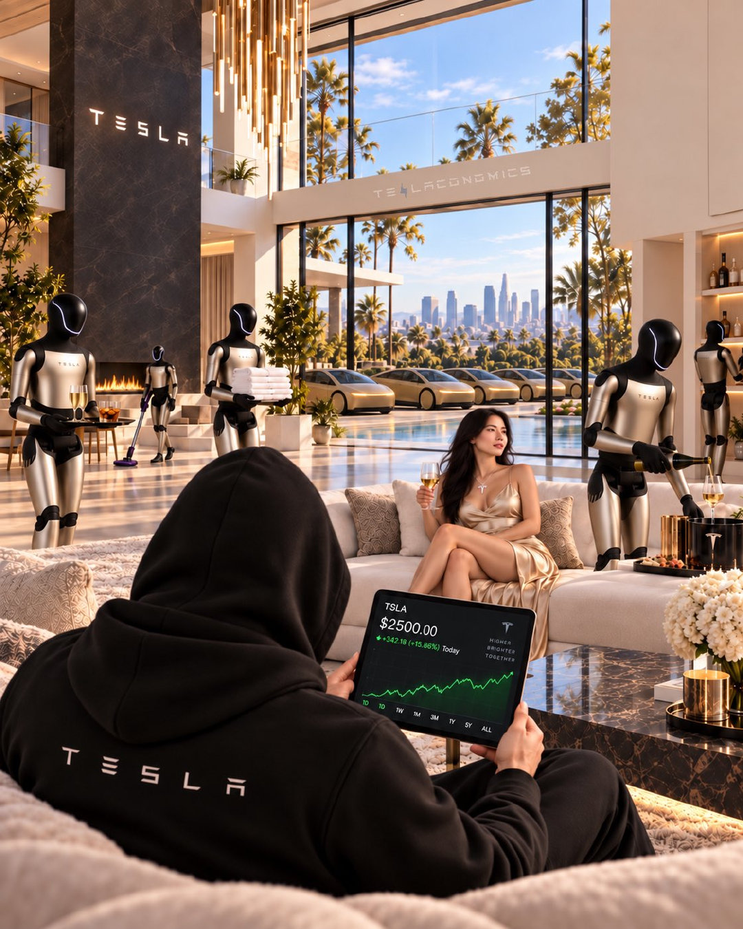 特斯拉粉丝幻想的生活：特斯拉股价$2500外面排满了赛博carOptimus机器人坐着保姆的工作还有