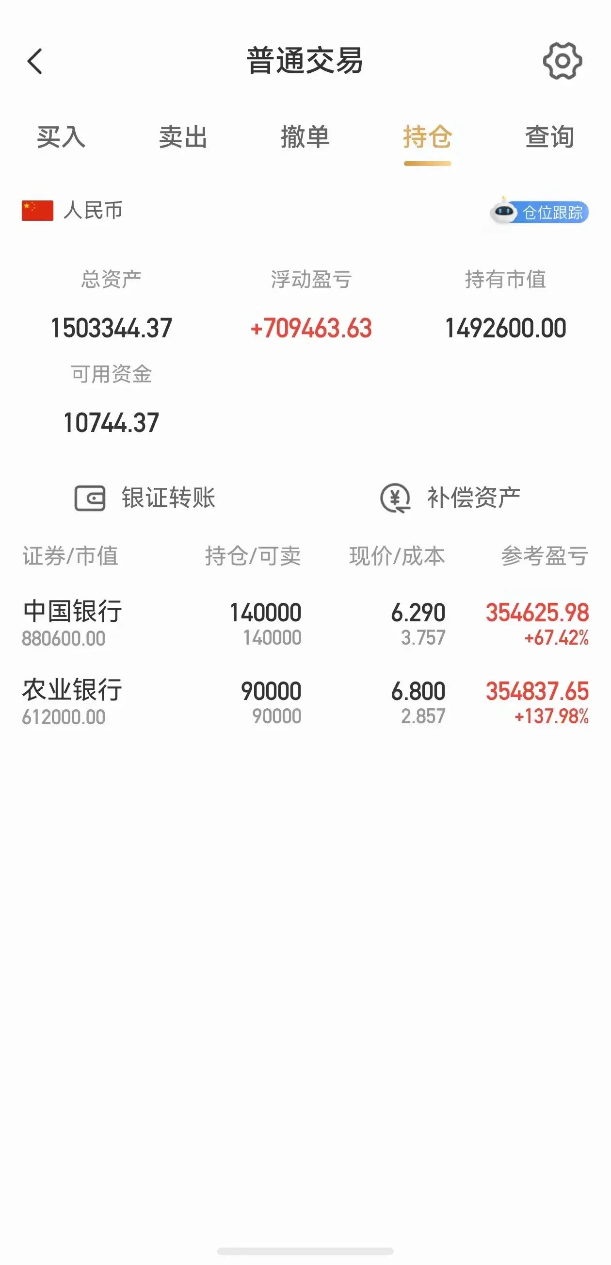 一位股民的持仓图，看完就两个字“羡慕”。他在3.75元建仓中国银行，一把买了14