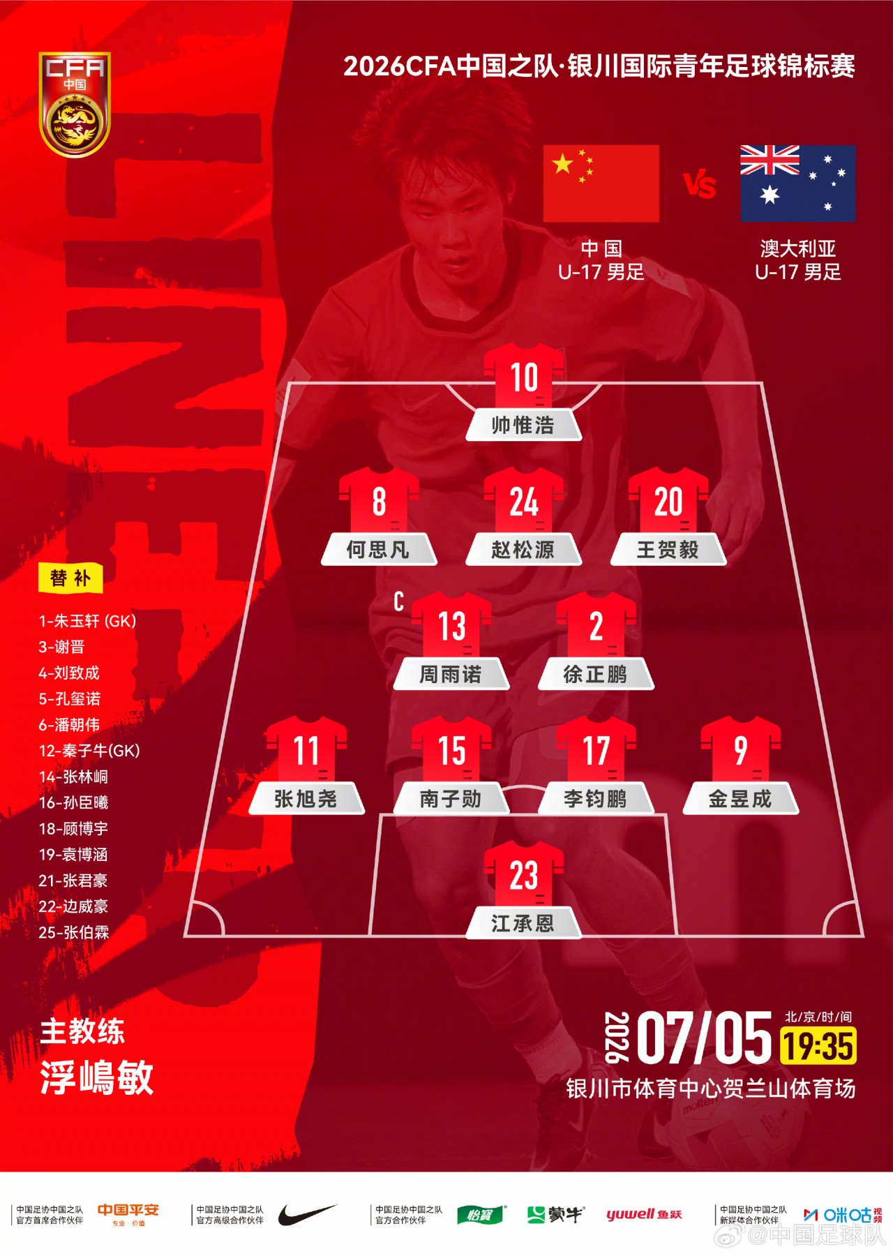 U17国足官方阵型图: 4231! 帅惟浩中锋, 周雨诺、徐正鹏双后腰