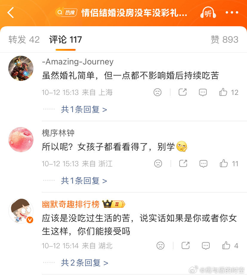 一对情侣结婚只花了200元，没新房新车没要彩礼没办酒席。结果评论区的姐妹破防急了