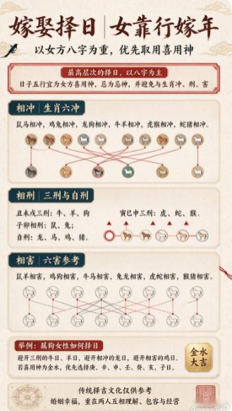 【婚嫁择日｜高层次择日核心】传统高层次嫁娶择日，是以新人八字为核心。古诀讲“女靠行嫁年”，婚嫁吉日的