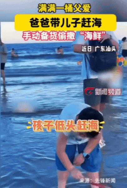 可怜天下父母心！广东汕头，男子带着儿子来旅游赶海，但由于之前也在其他地方玩过，一