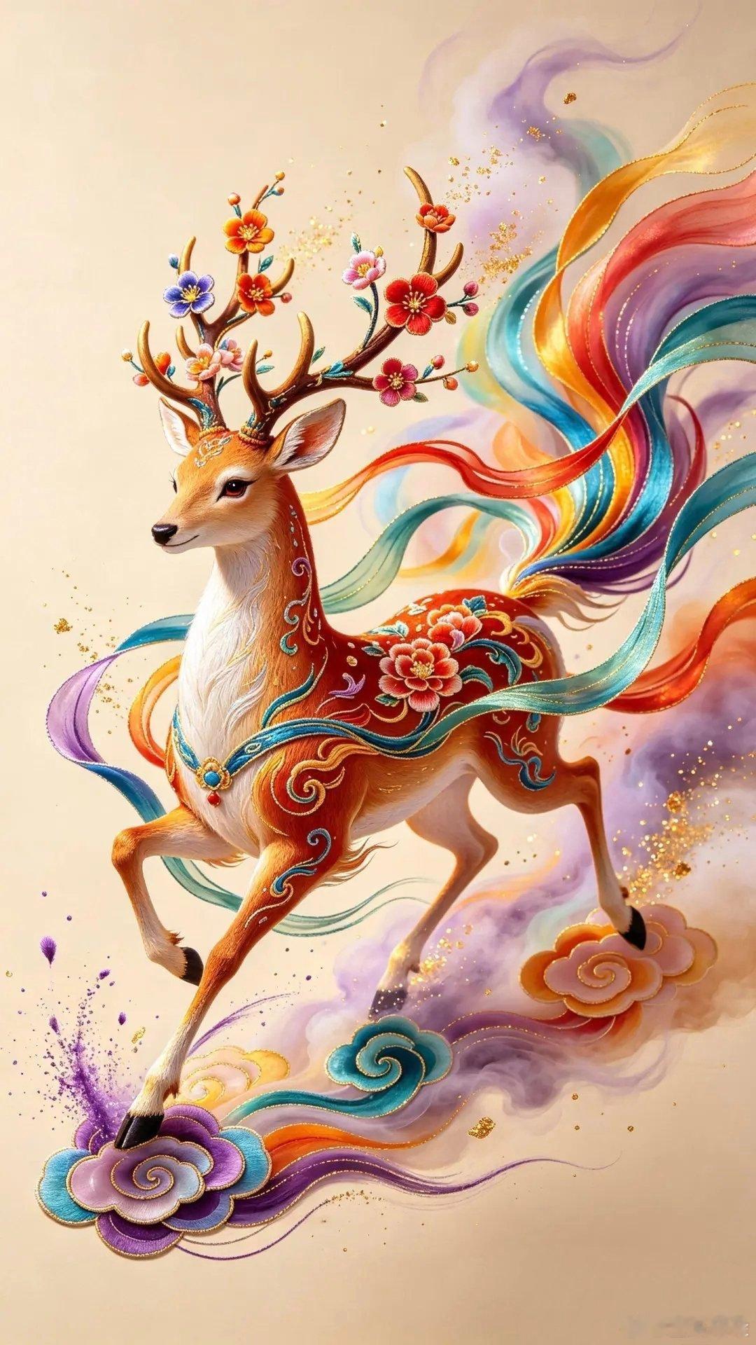 吉祥富贵福禄满溢七彩梅花鹿瑞兽壁纸～