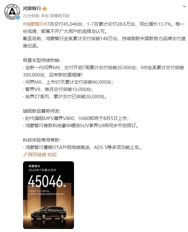 新能源大盘火热，鸿蒙智行为何反向下滑？大盘向好，新势力普遍向上，鸿蒙智行7月交付