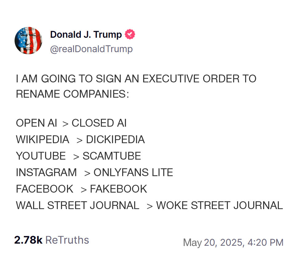 川普：我要签署一项行政命令，给这些公司改名：OpenAI改为ClosedAI
