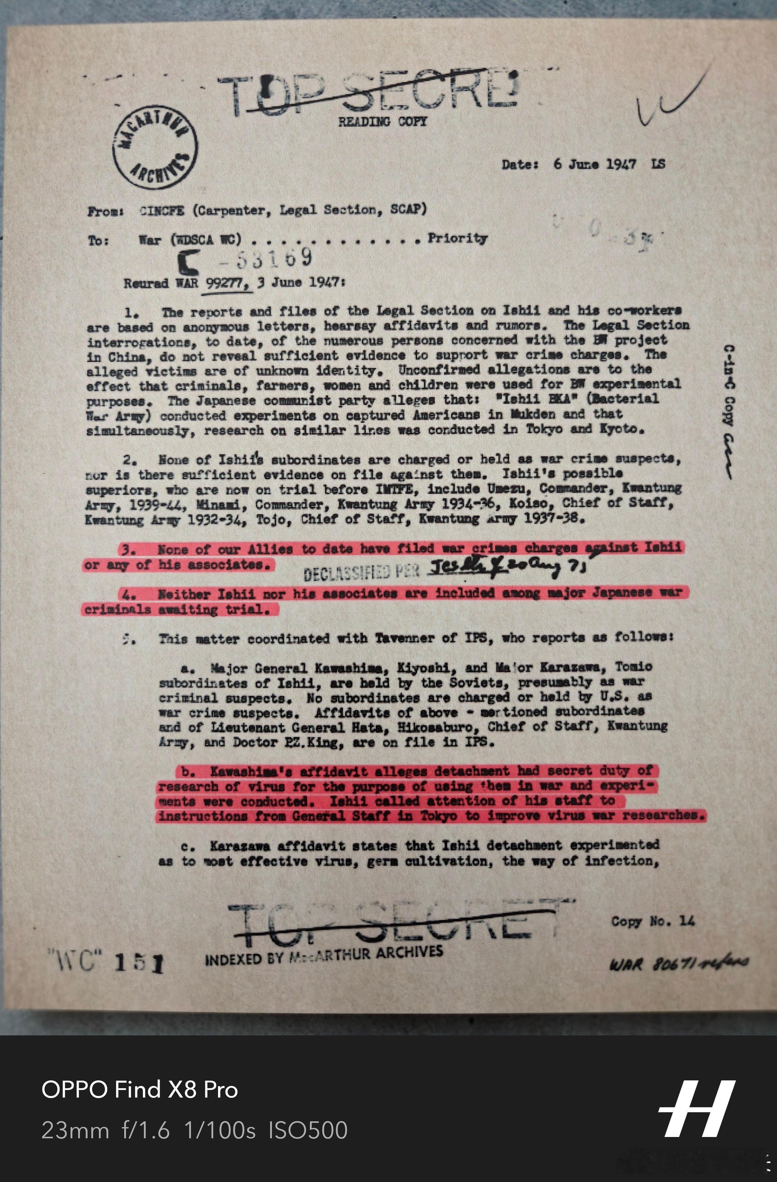 美国其实很清楚日本鬼子都干了什么事文件一翻译最高绝密日期：1947年6月6日