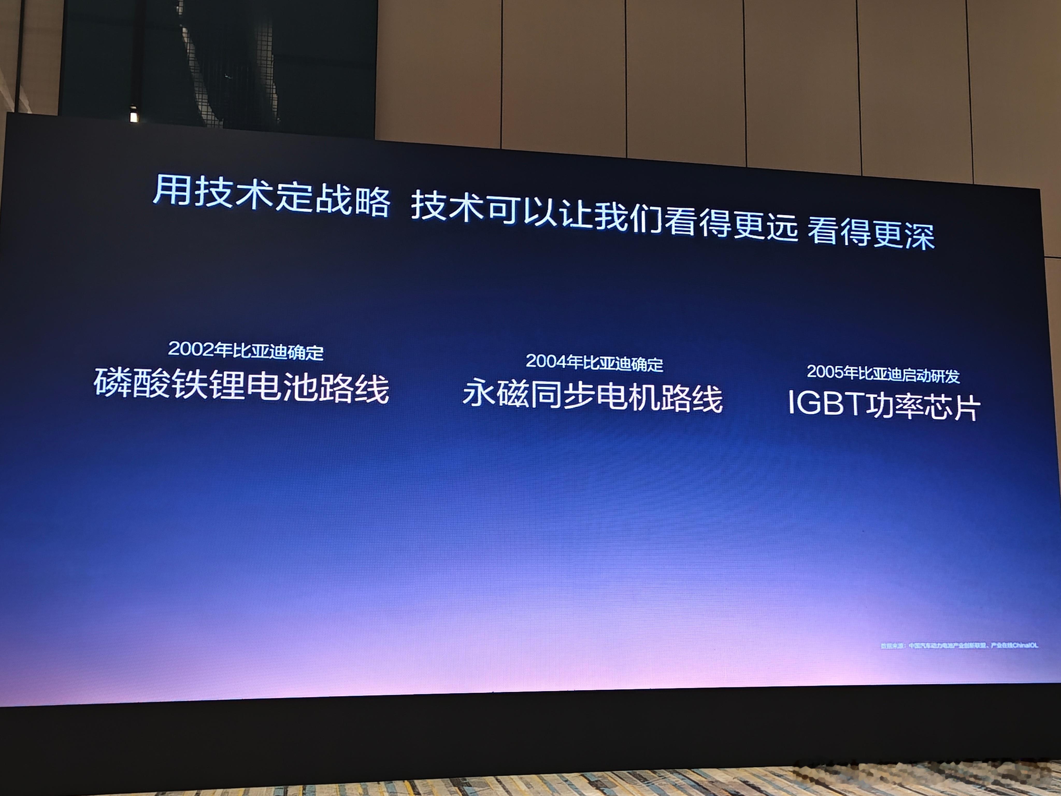 比亚迪的技术前瞻性，领先业内20年。例如2002年确定磷酸铁锂电池路线，2004