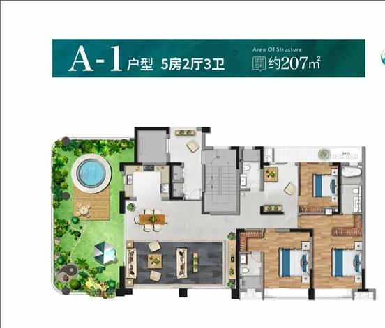 207.91㎡的户型，刚刚好。入户就是超大私家庭院，泳池、茶台、绿植错落排