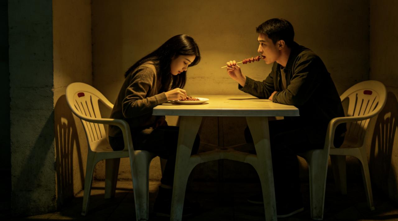 深夜的烧烤摊，一对情侣坐在角落，安静地吃着。女生忽然放下筷子：“我们分手吧。”