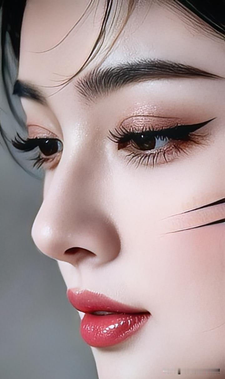 细腻的光影晕染着如瓷的肌肤，眼角的星芒与红唇的娇艳交织成画。几缕青丝不经意地垂落