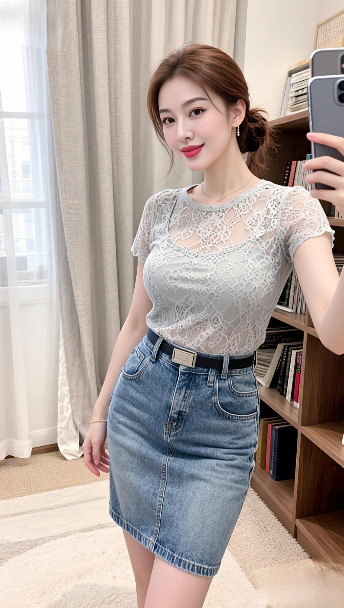 夏日甜美穿搭，蕾丝上衣配牛仔短裙简直绝了！就像瞿颖穿的黑色蕾丝透视上衣配毛边牛仔
