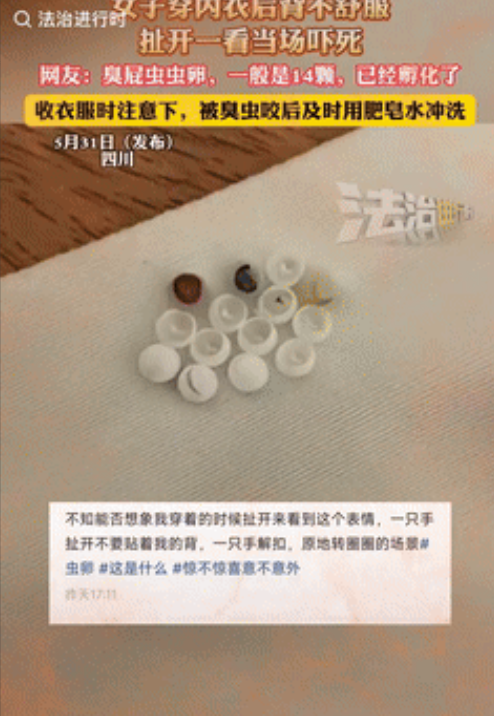 “太吓人了！”四川一女子穿内衣时感到后背不舒服，就扯掉来看，不料，女子看到内衣上