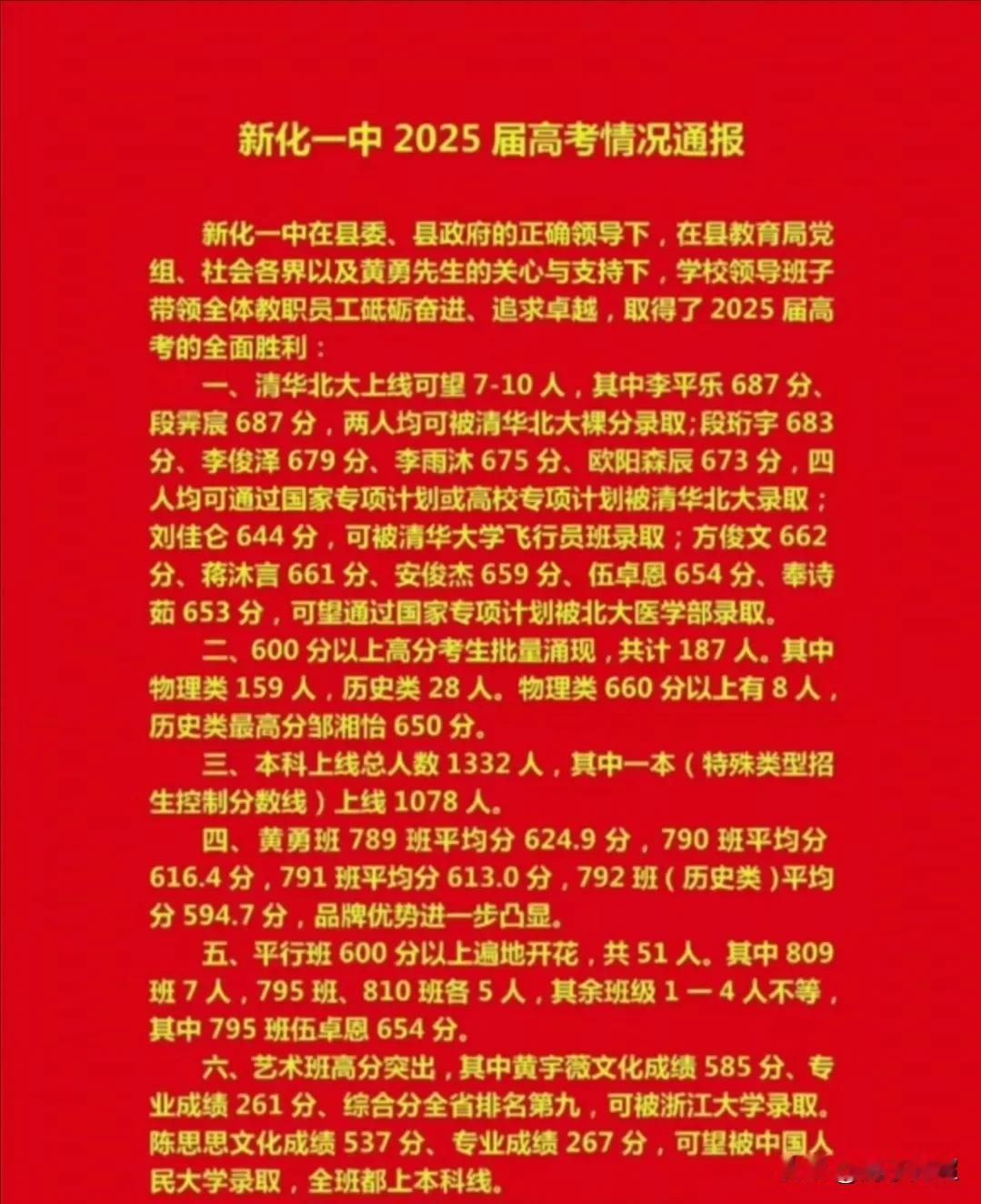 湖南省新化县第一中学2025年高考喜报！2025年高考，新化一中600分以上者