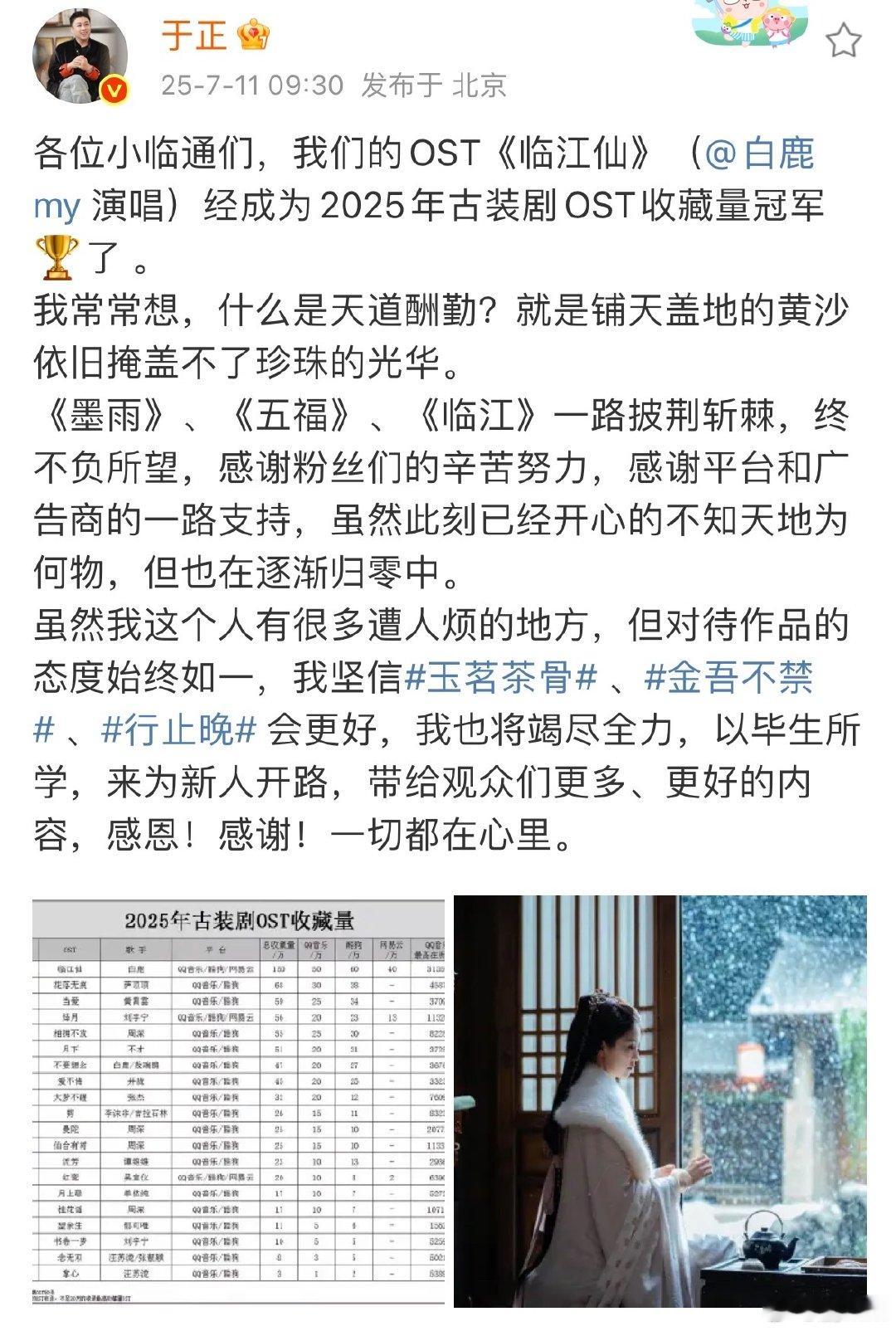 于正庆祝临江仙成古装剧OST收藏量冠军于正祝贺临江仙成古装剧OST收藏量冠军被