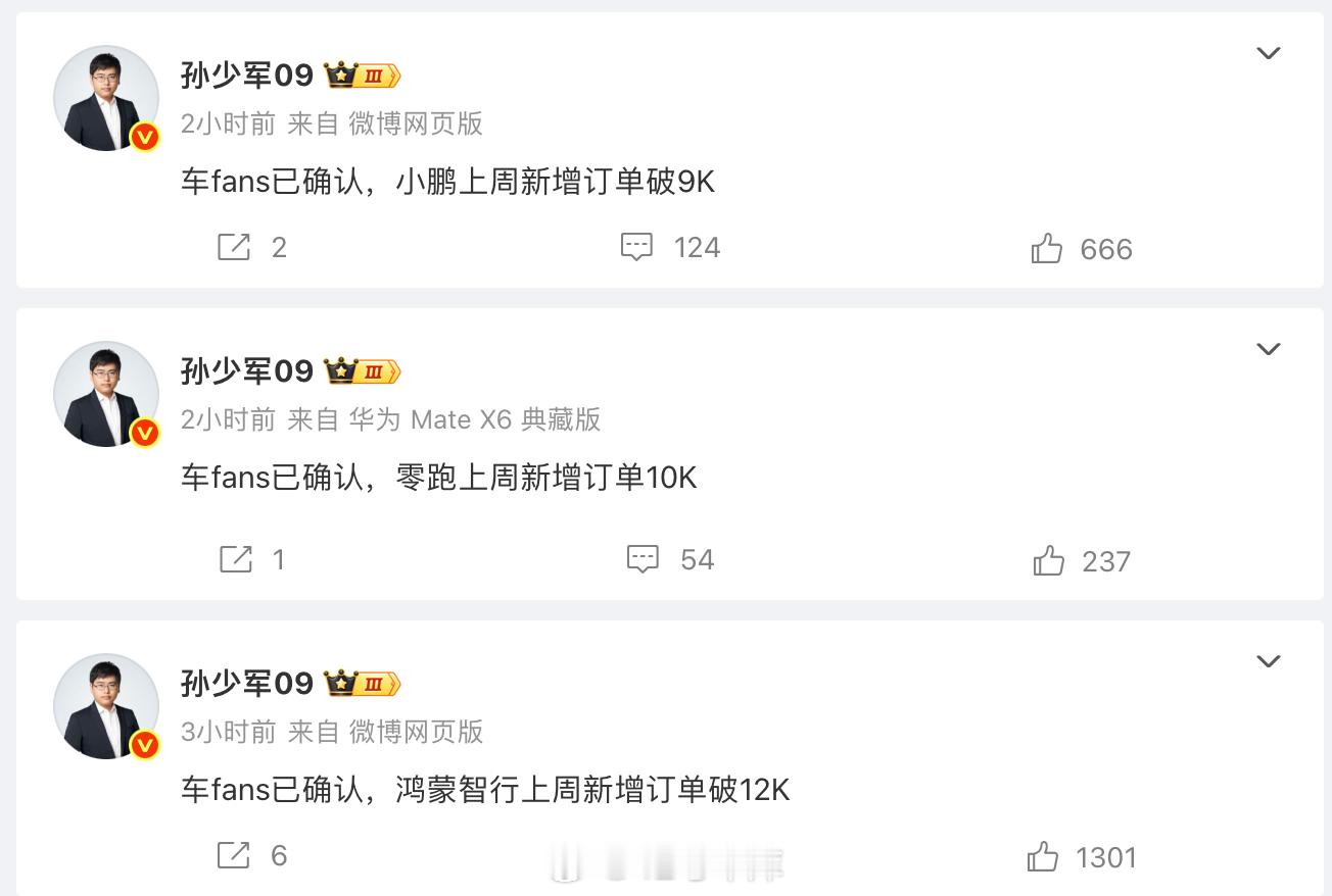 上周零跑订单继续破万，小鹏9k，鸿蒙12k，表现都还不错，理想蔚来小米会是多