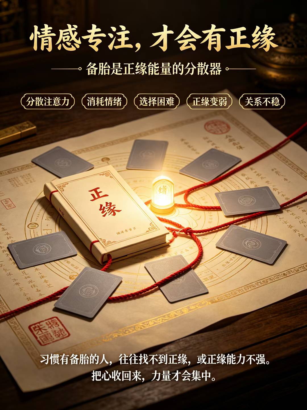 习惯有备胎的人，备胎是会分散正缘能量的，要么找不到正缘，要么正缘的能力不强，因为