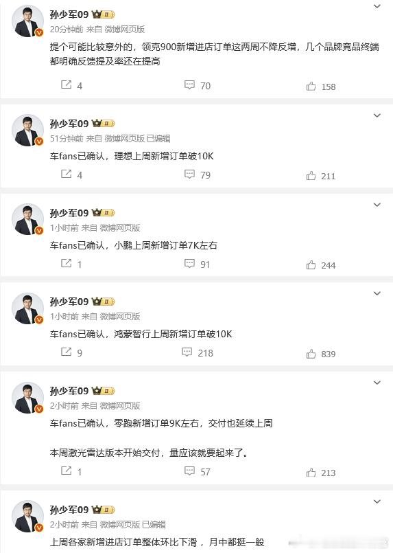 上周订单，鸿蒙智行和理想在大环境下滑的情况下，保持住了​​​
