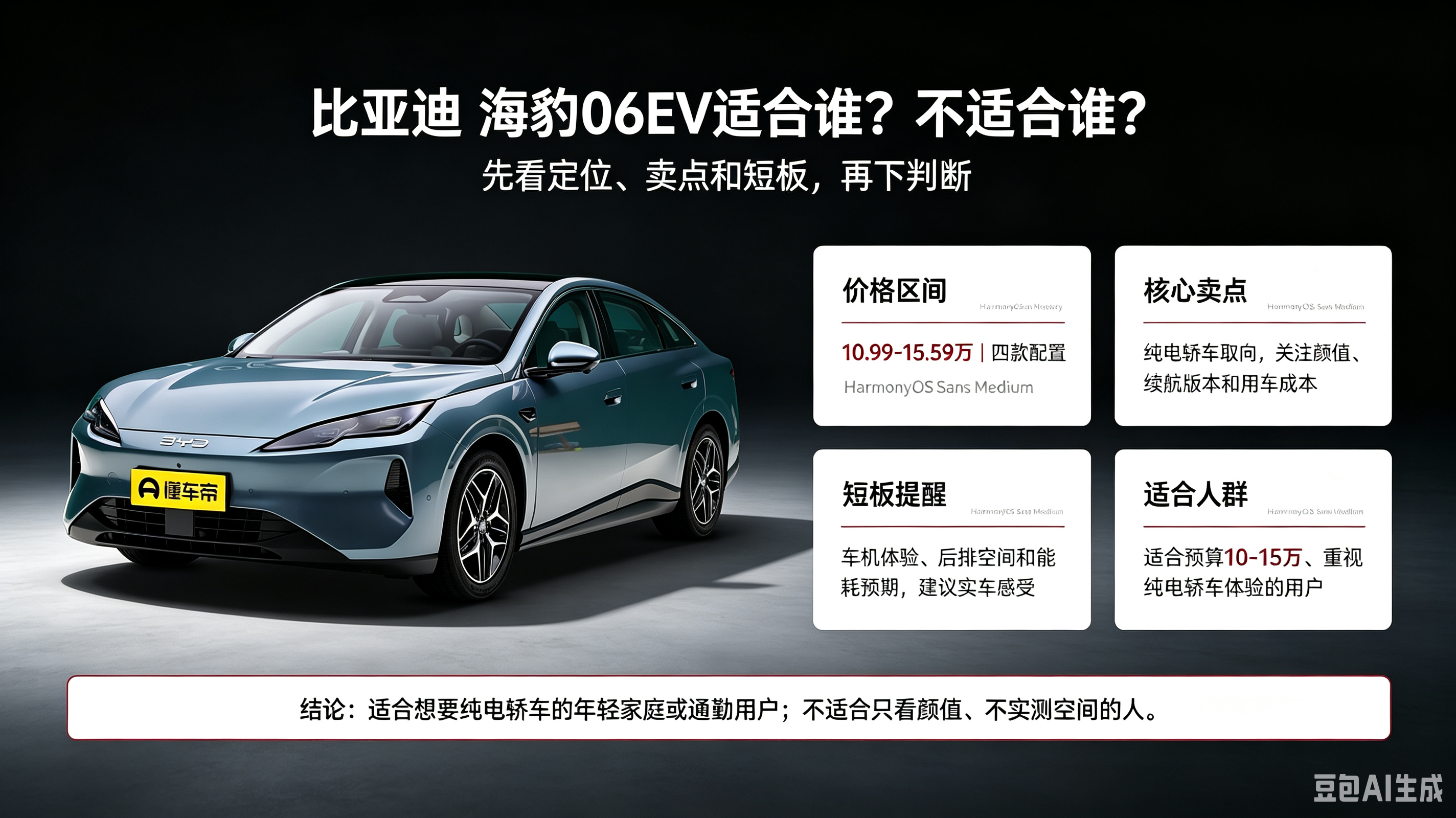 比亚迪海豹06EV适合谁？不适合谁？先看定位、卖点和短板。指导价10.99-15.59万，四款配置，
