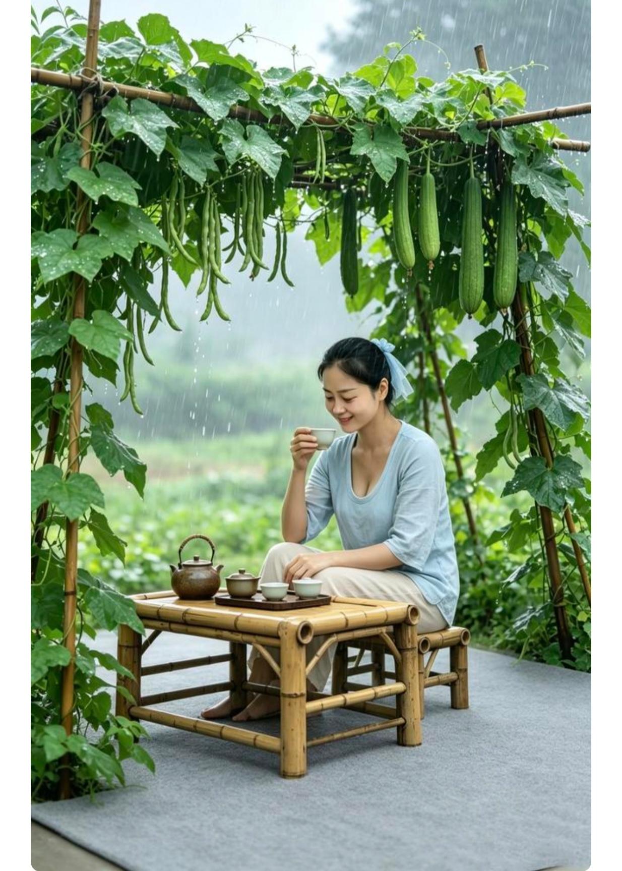 有创意这个画面真给力；黄瓜架下放小桌；茶具就把桌上摆；美女坐凳在喝茶；