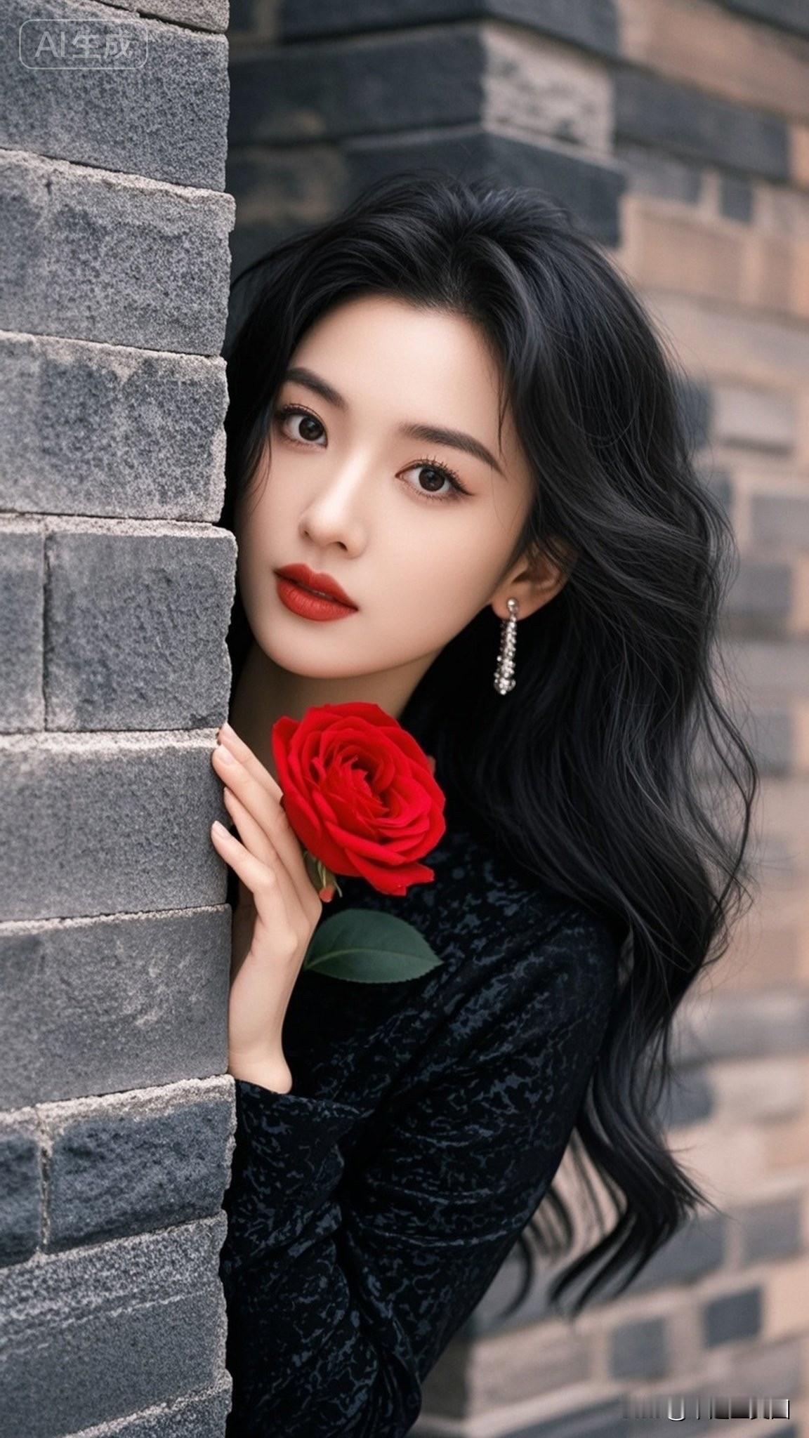 一个美女靠墙拿着红玫瑰。