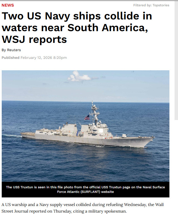 据《华尔街日报》周四报道，一艘美国军舰与一艘海军补给船周三在加油过程中相撞。报道