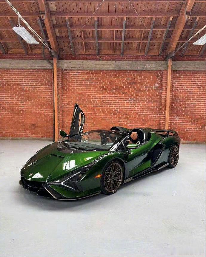 深绿车漆衬上鎏金轮毂，兰博基尼SiánRoadster颜值直接拉满。内饰以碳纤维与麂皮交织碰撞，硬核