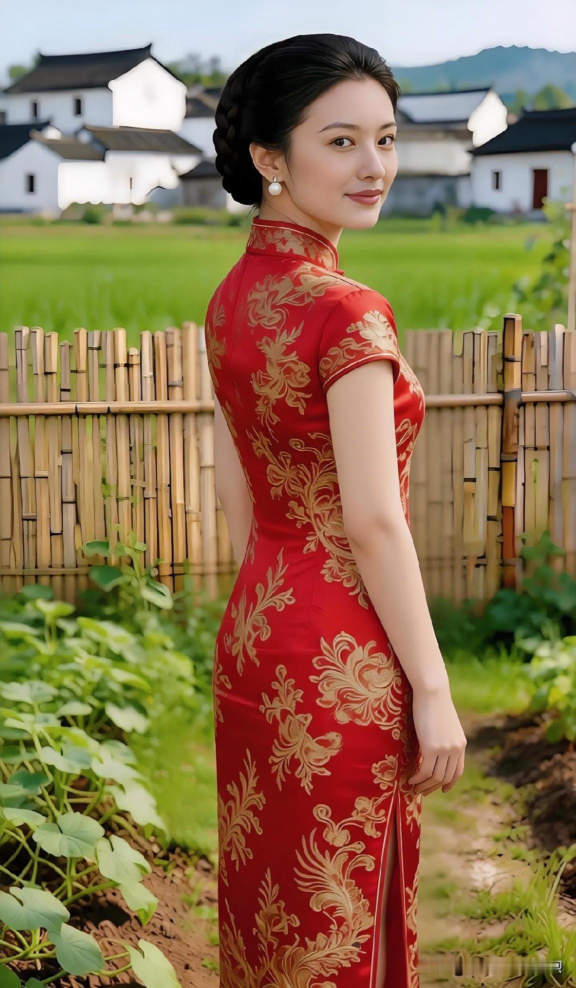 红金旗袍勾勒曼妙曲线，盘扣温婉，回眸浅笑间，江南田园诗意与东方古典美交融。