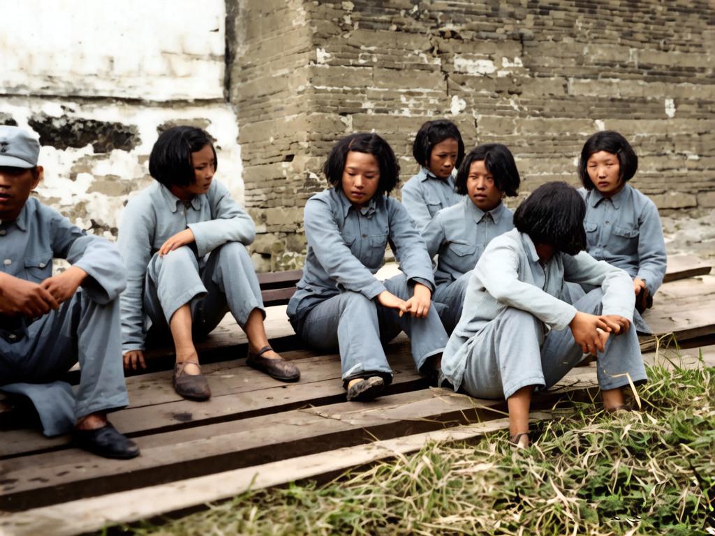 抗日战争时期，几名不幸被侵华日军俘获的年轻女战士。她们的神情没有惊慌失措，流露出