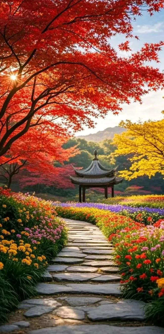 秋日花园，红叶与花海相映成趣，古风亭台点缀其间，静享自然之美。秋日红林美景自然