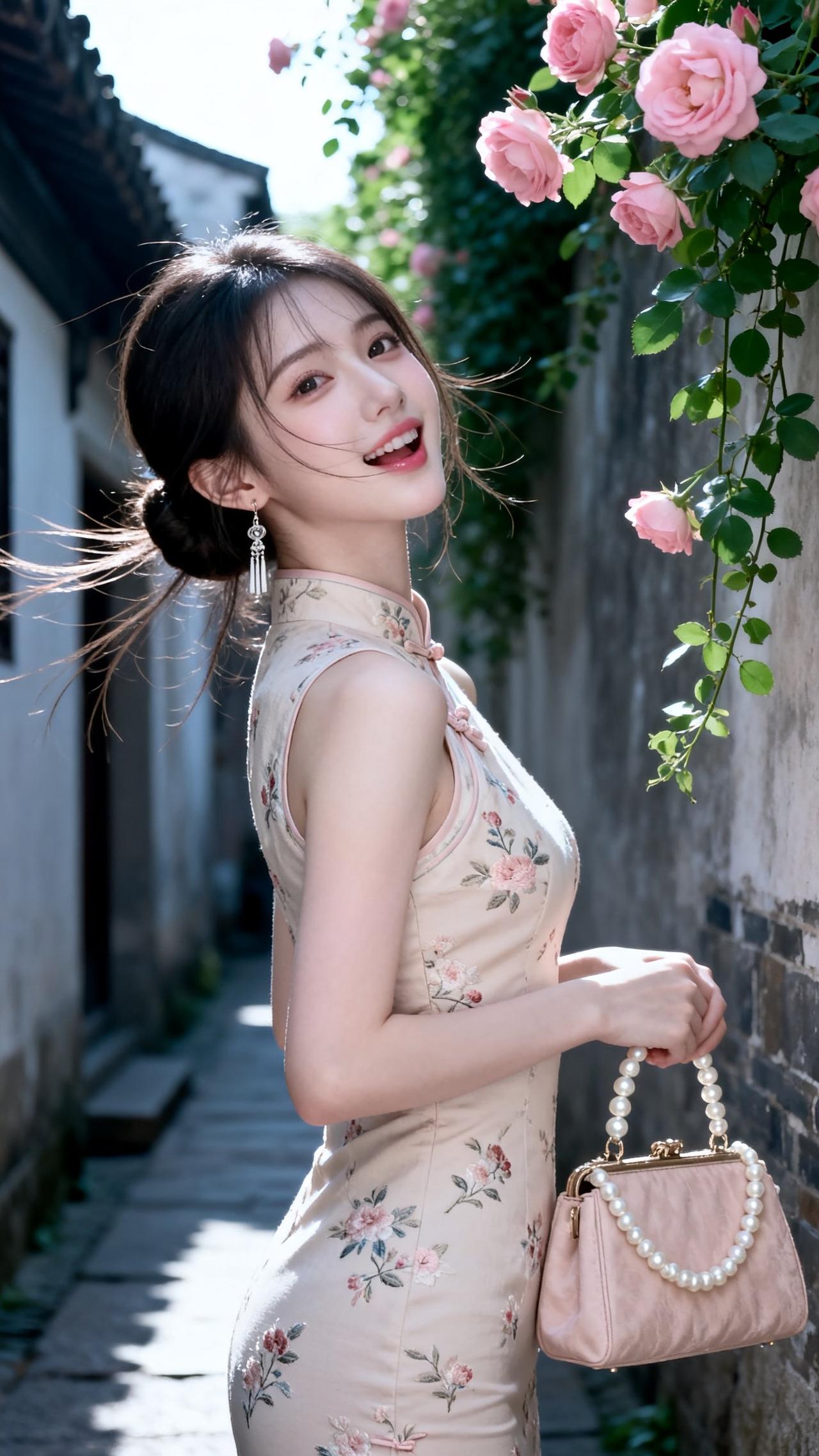 粉衣美人倚花墙，笑语盈盈入画来。