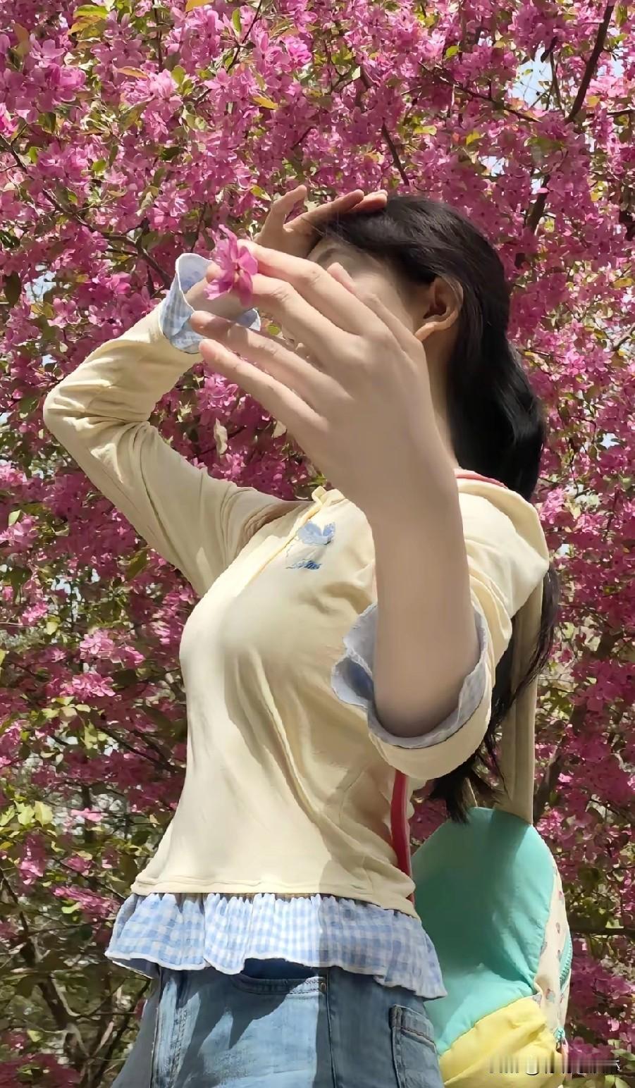 樱花树下，少女轻抚花枝，春意盎然。