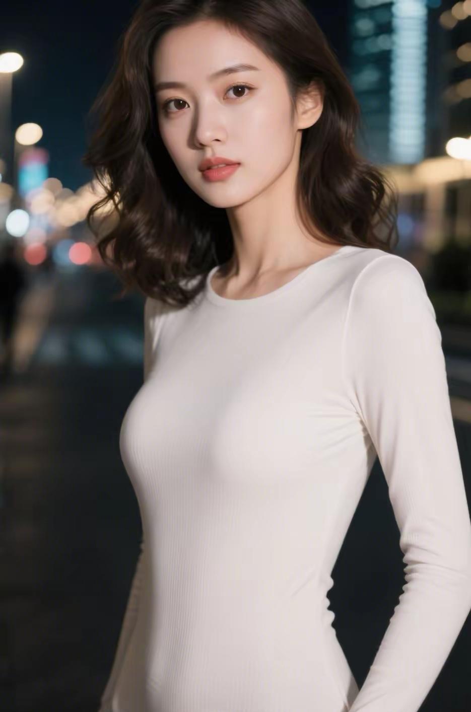 夜晚的都市，柔美的灯光下，一位优雅的女性静静地伫立。