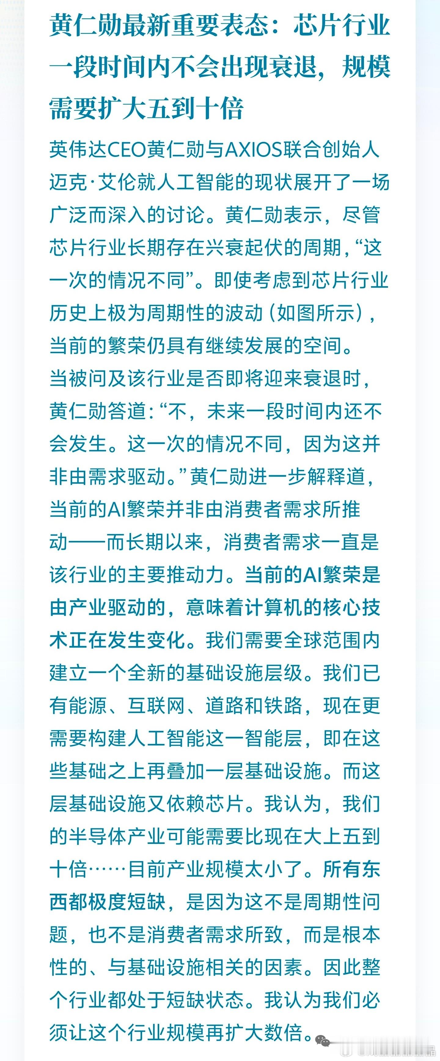 黄仁勋最新重要表态：芯片行业一段时间内不会出现衰退，规模需要扩大五到十倍。黄仁勋