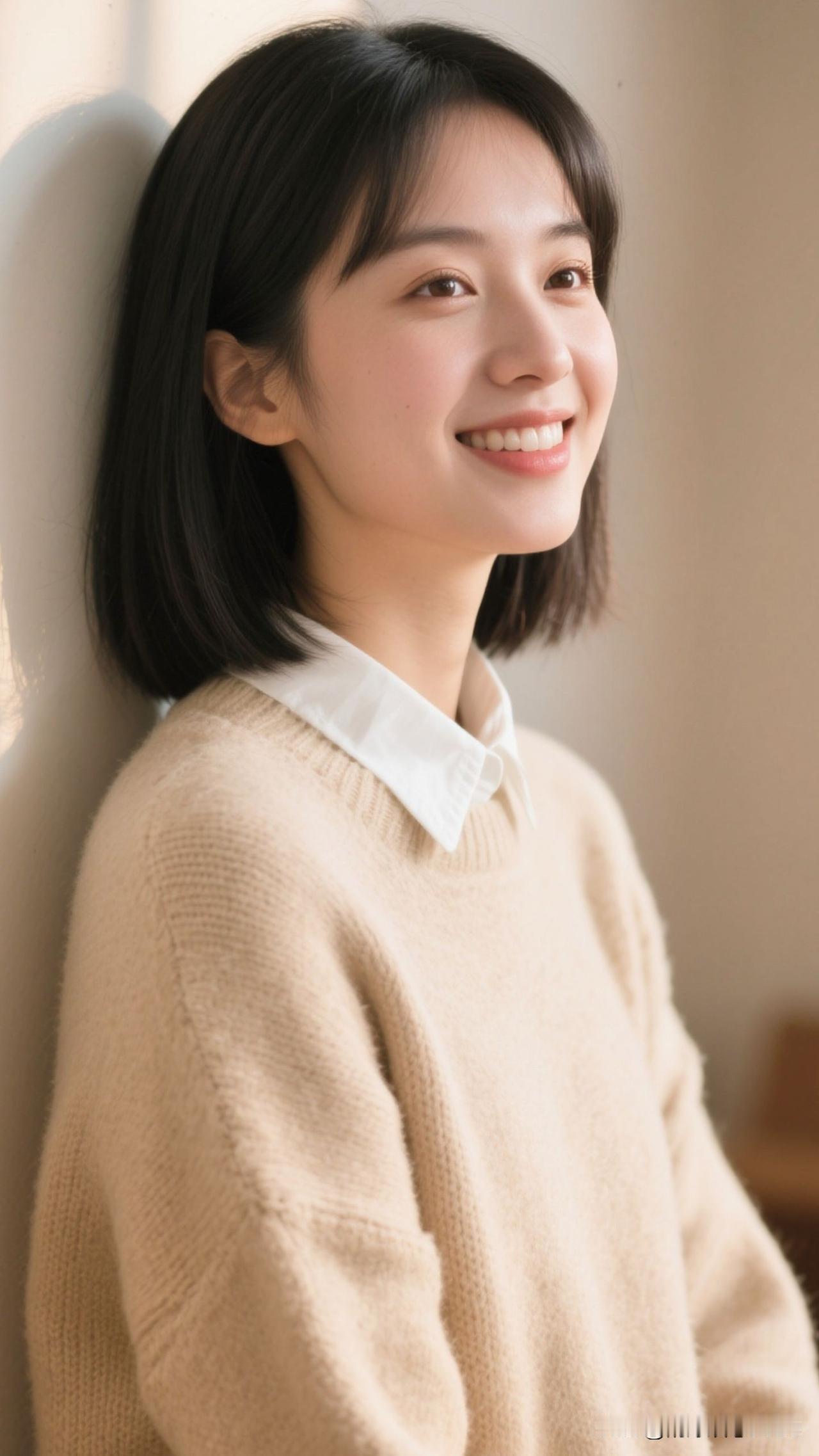 ☀️米白毛衣盛着晴日的暖，白衬衫领裁下云的边，笑意漫开时，整个春天都住进了眼眸