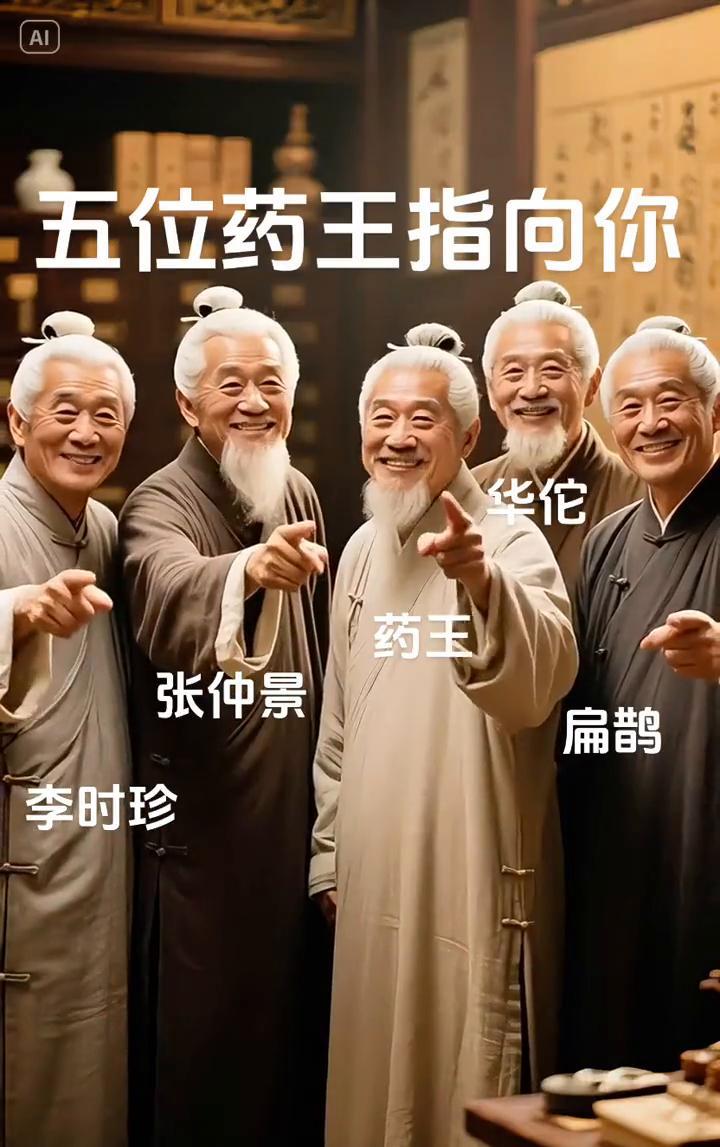 五位药王指向你。华佗、药王、张仲景、扁鹊、李时珍。