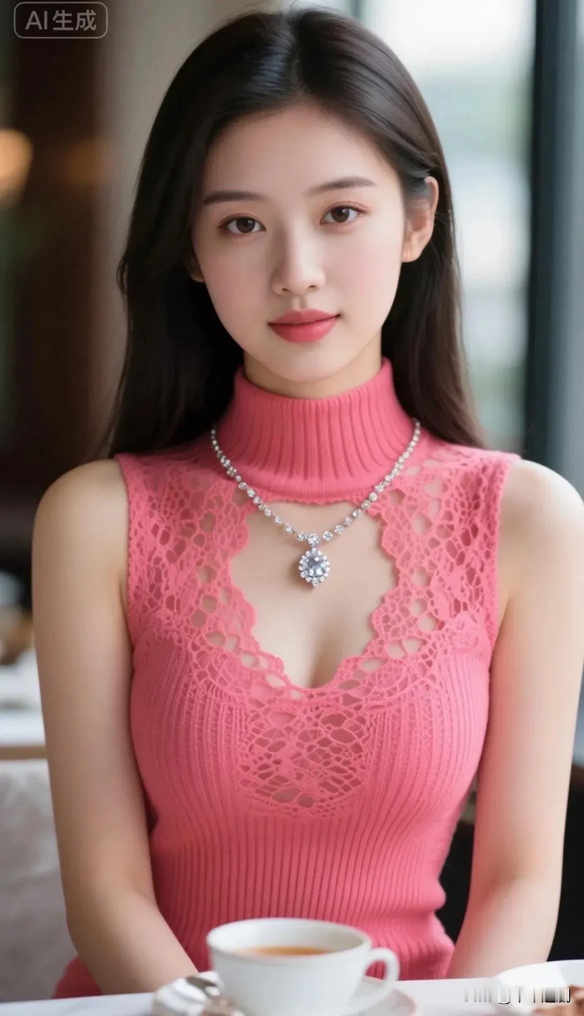 玫粉蕾丝衫揉着明艳的温柔，钻饰项链添了精致，咖啡杯旁的静坐，是甜与飒的完美交融。