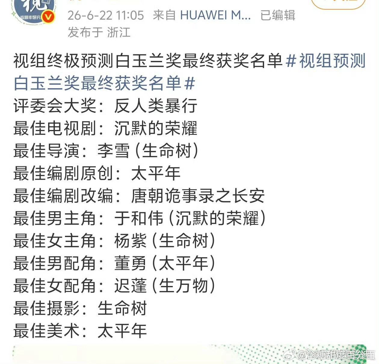 视组预测白玉兰奖最终获奖名单看看是不是毒奶