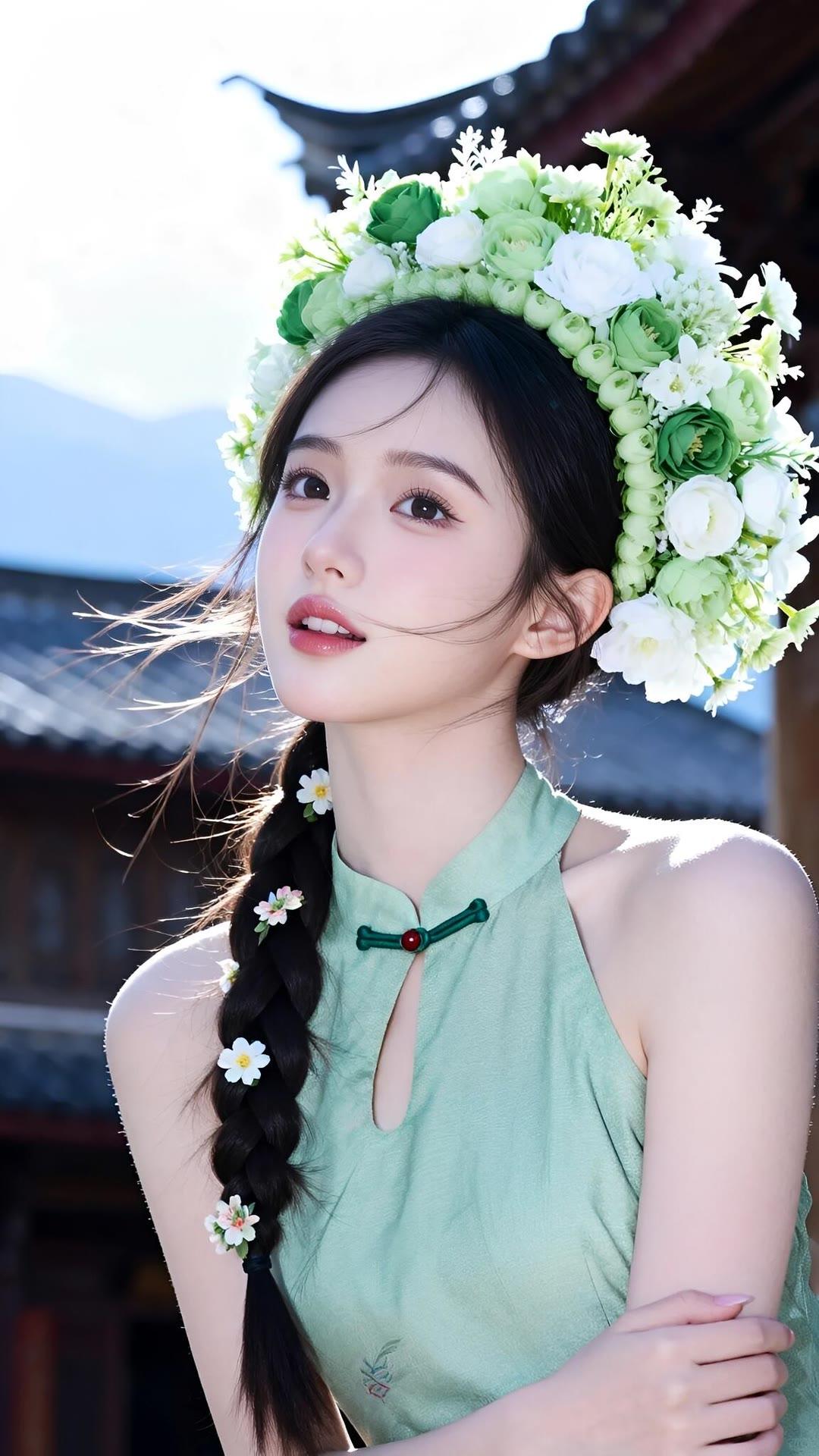 少女花环照，清新自然美！