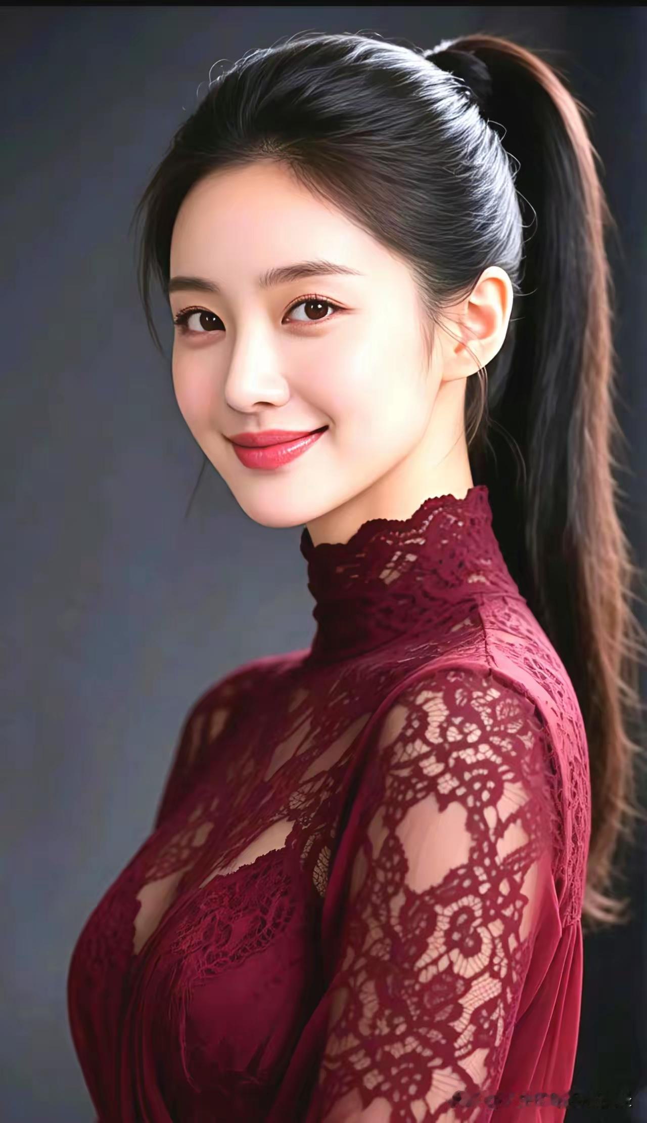 这位美女穿着红色蕾丝裙，微笑迷人。