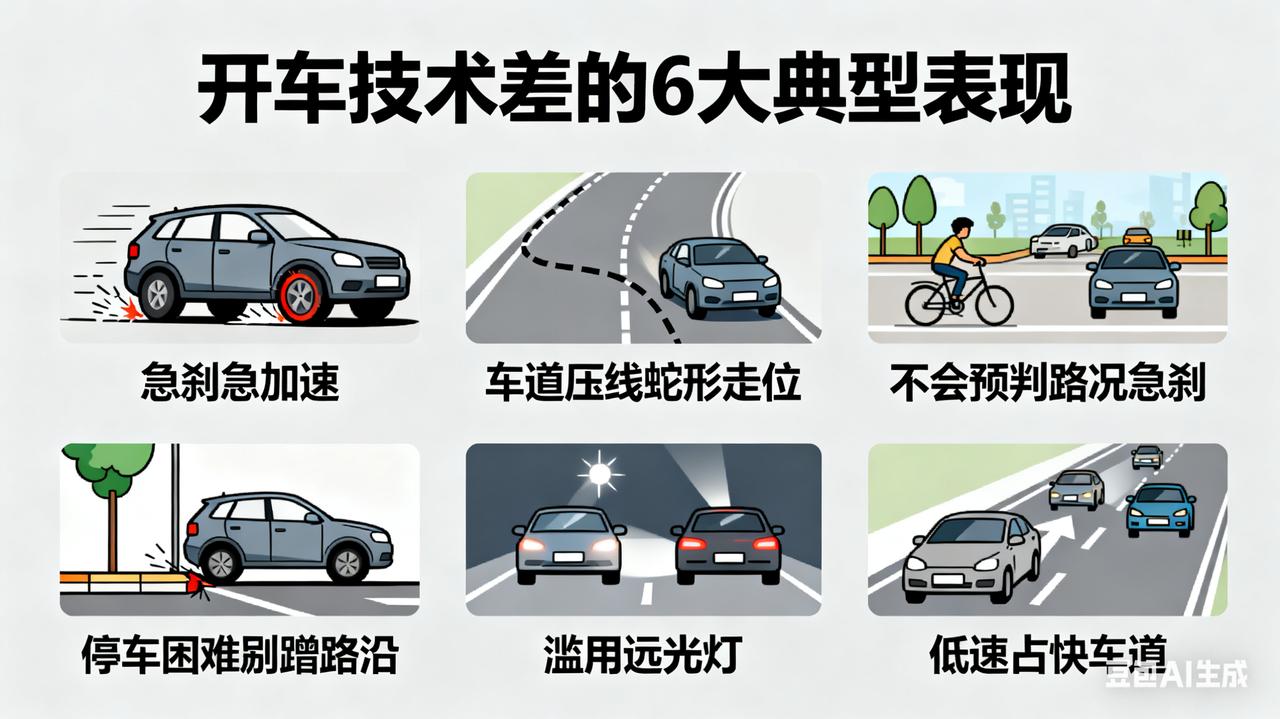 开车菜不菜，看这6个细节就够了！老司机都认同。1. 频繁急刹急加速：起步猛踩
