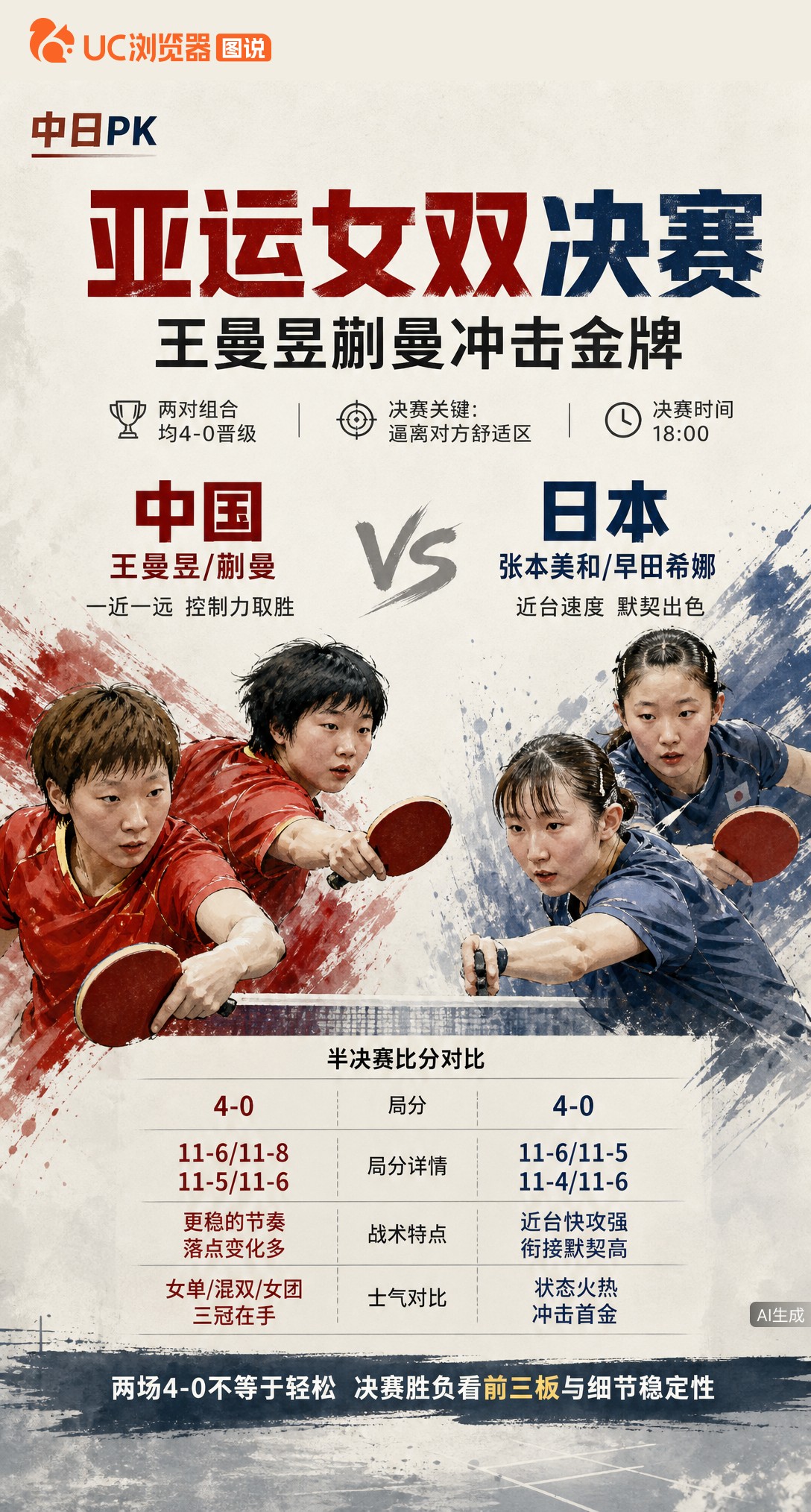 亚运乒乓女双决赛中日对决！王曼昱/蒯曼与张本美和/早田希娜半决赛均4-0横扫晋级。中国队已揽三冠士气