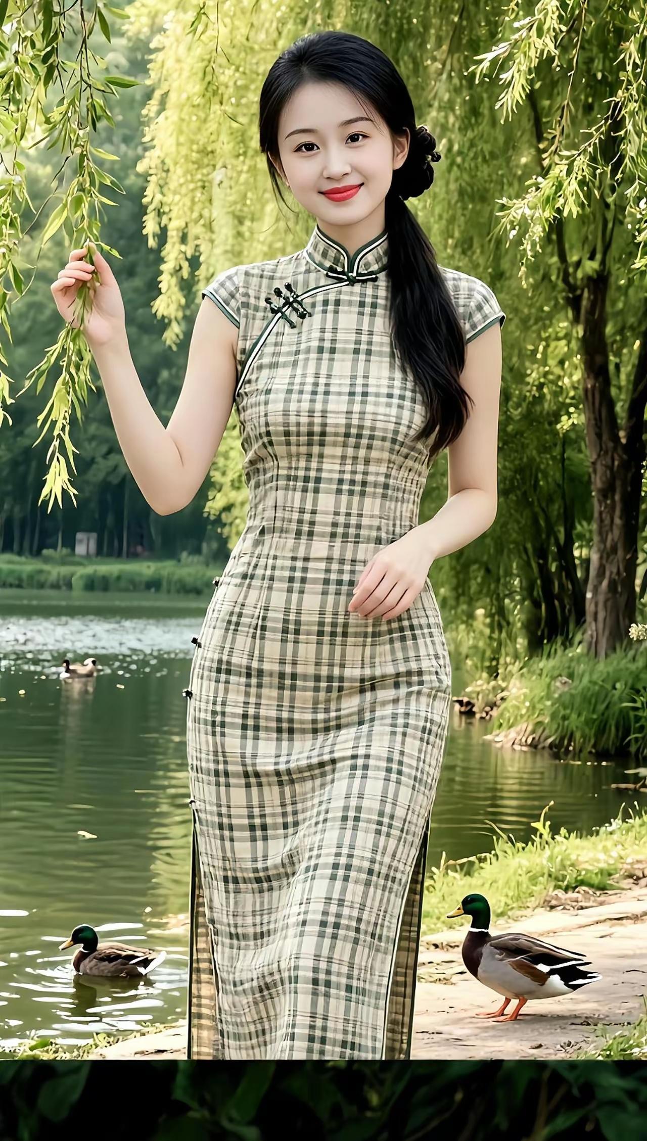 复古旗袍，优雅气质，绿意盎然，清新自然。