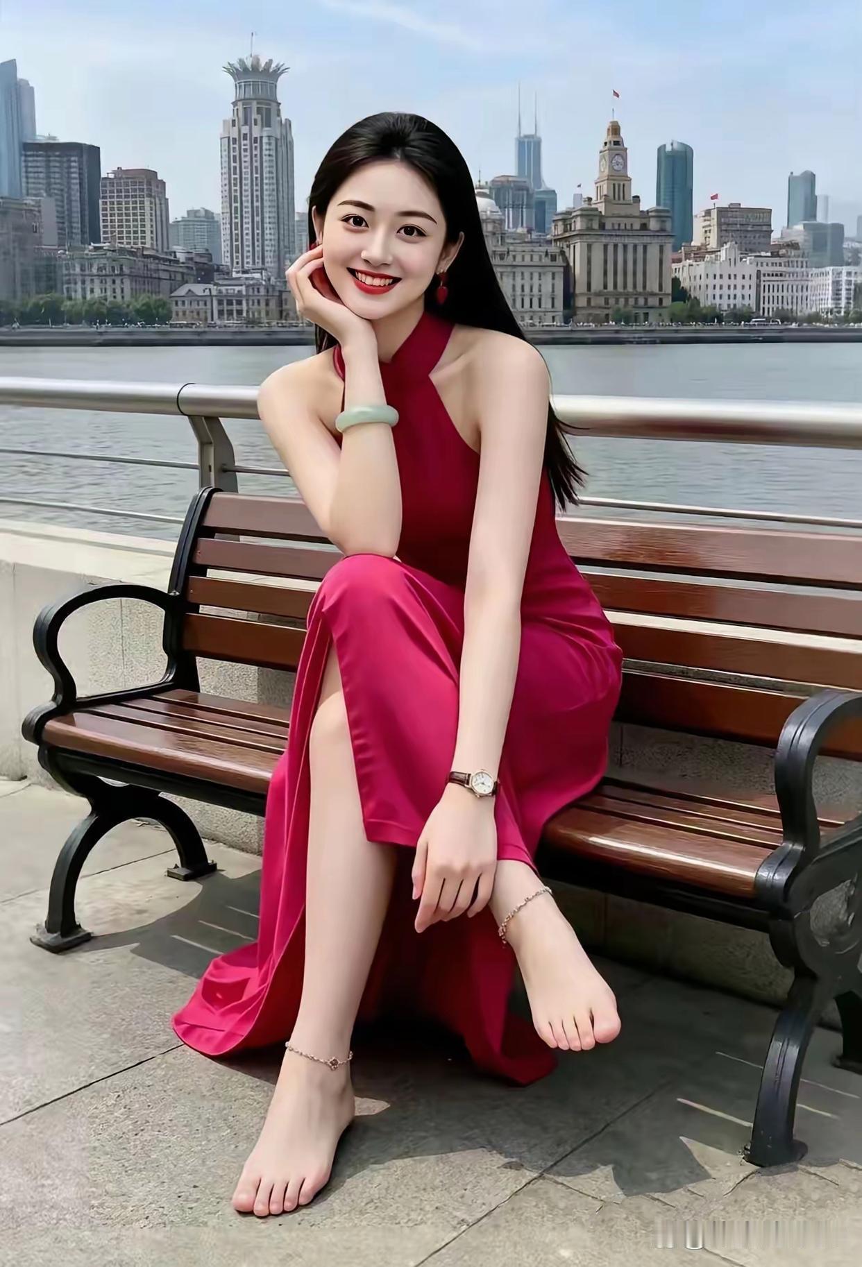 美女坐在江边长椅上，笑得真甜。