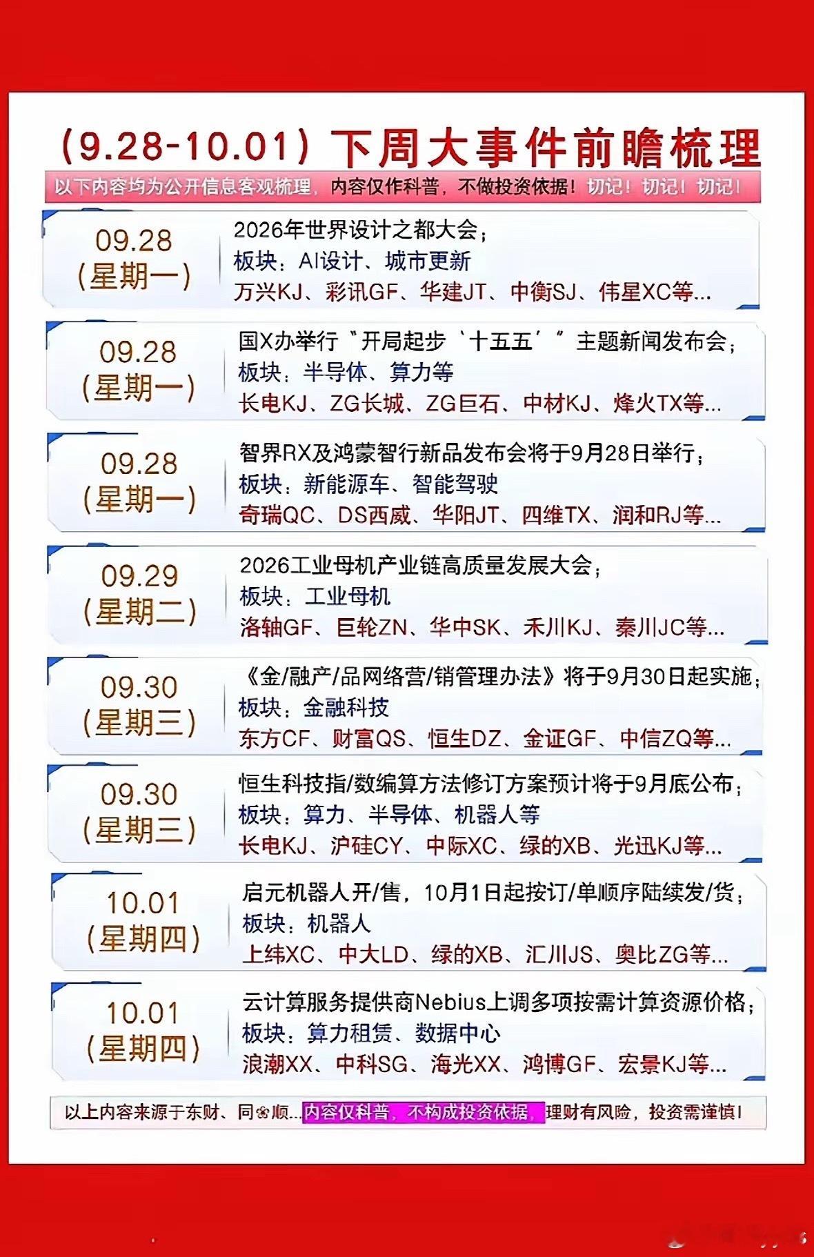 9月28日盘前周末前要关注的重要事件提醒A股下周重点事件一览​​​