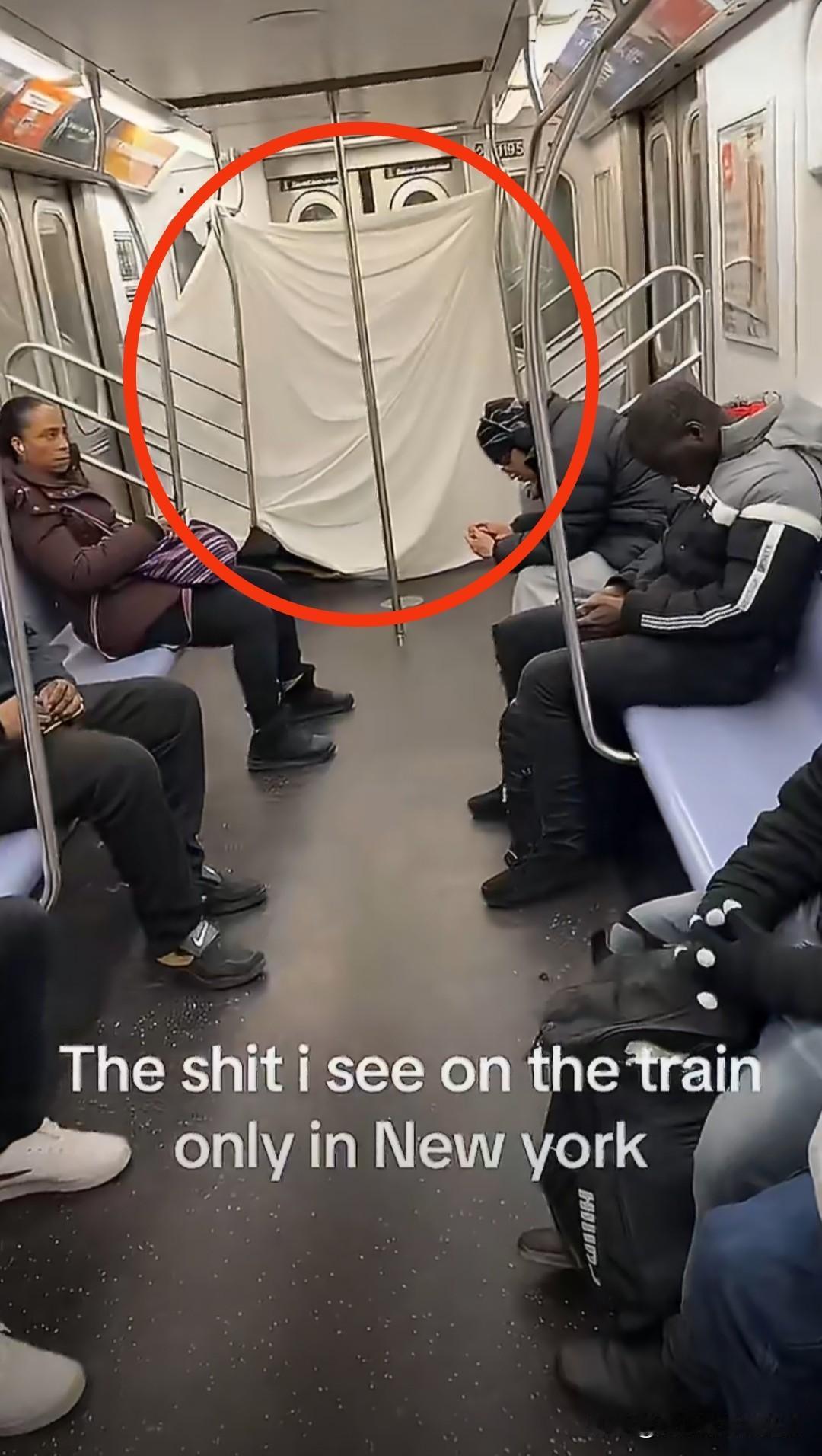 在美国纽约，一名无家可归的男子竟然在地铁车厢里安家！他用床单隔出了自己的独占空间