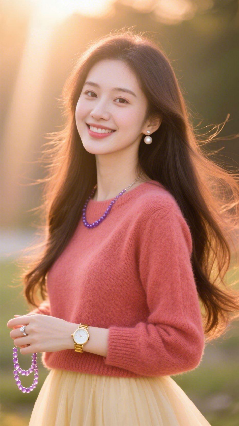 夕光柔晚照的金缕漫过发梢，她毛衣的暖红，像把秋阳揉进了针脚。淡纱裙裾轻垂，