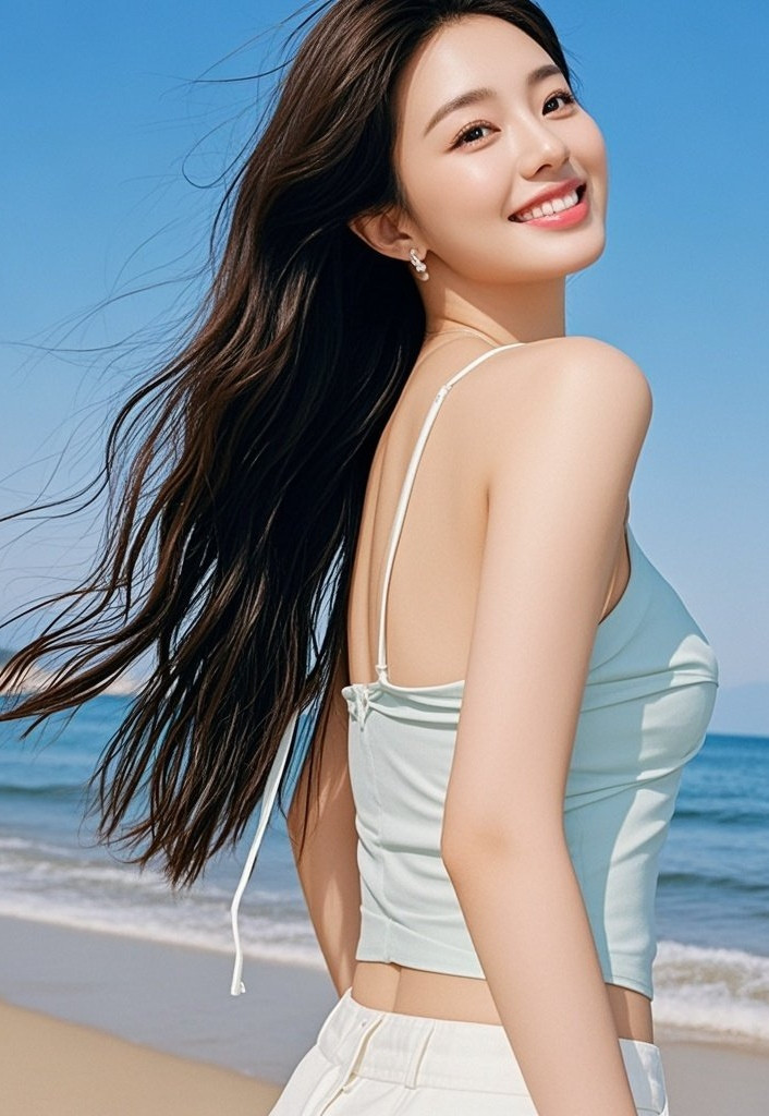 清甜美眉比基尼秀，海风轻扬发丝如诗