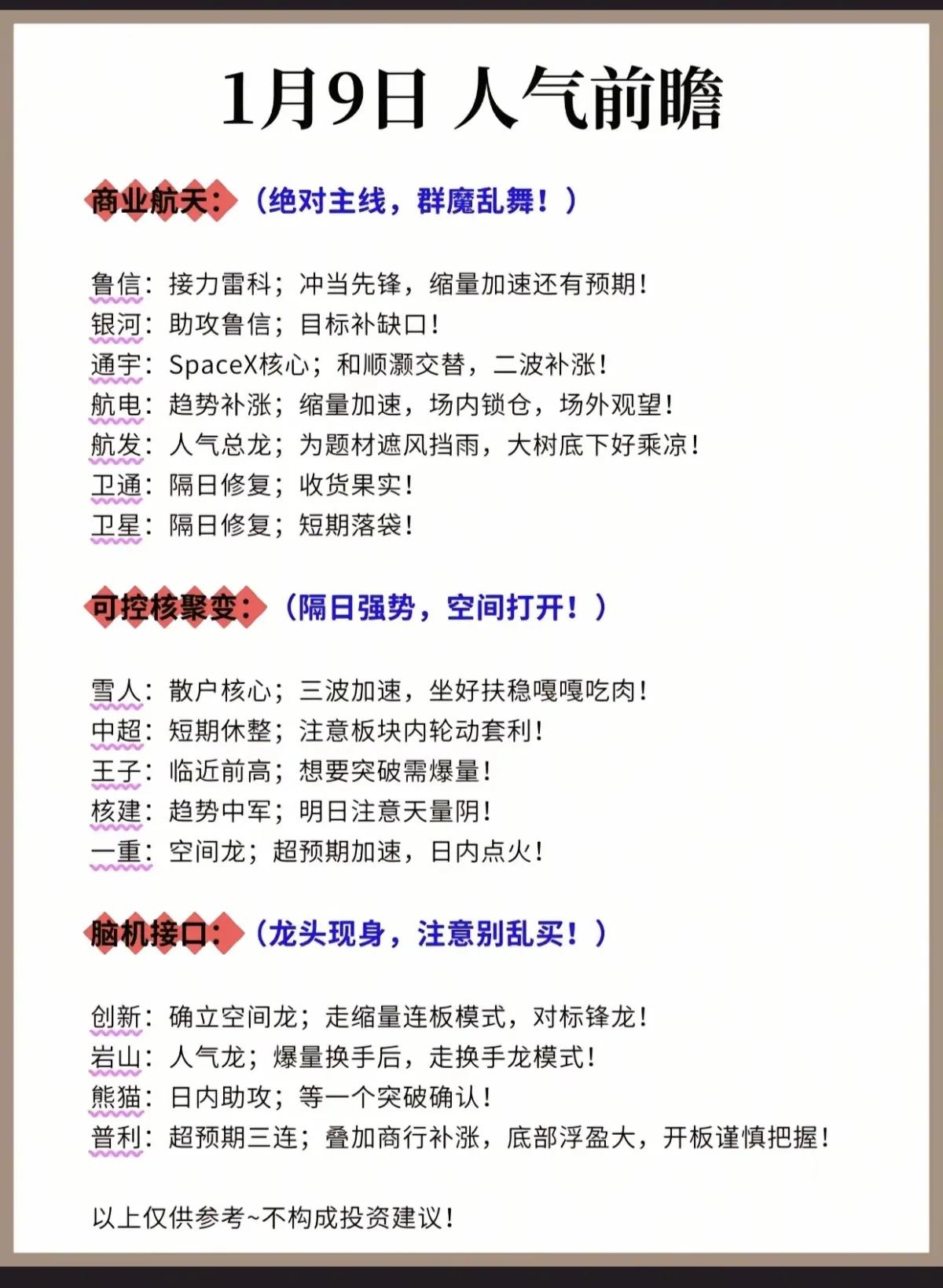 1月9日，周五A股热门人气股前瞻！！！商业航天板块：重点关注：鲁信创投、银河