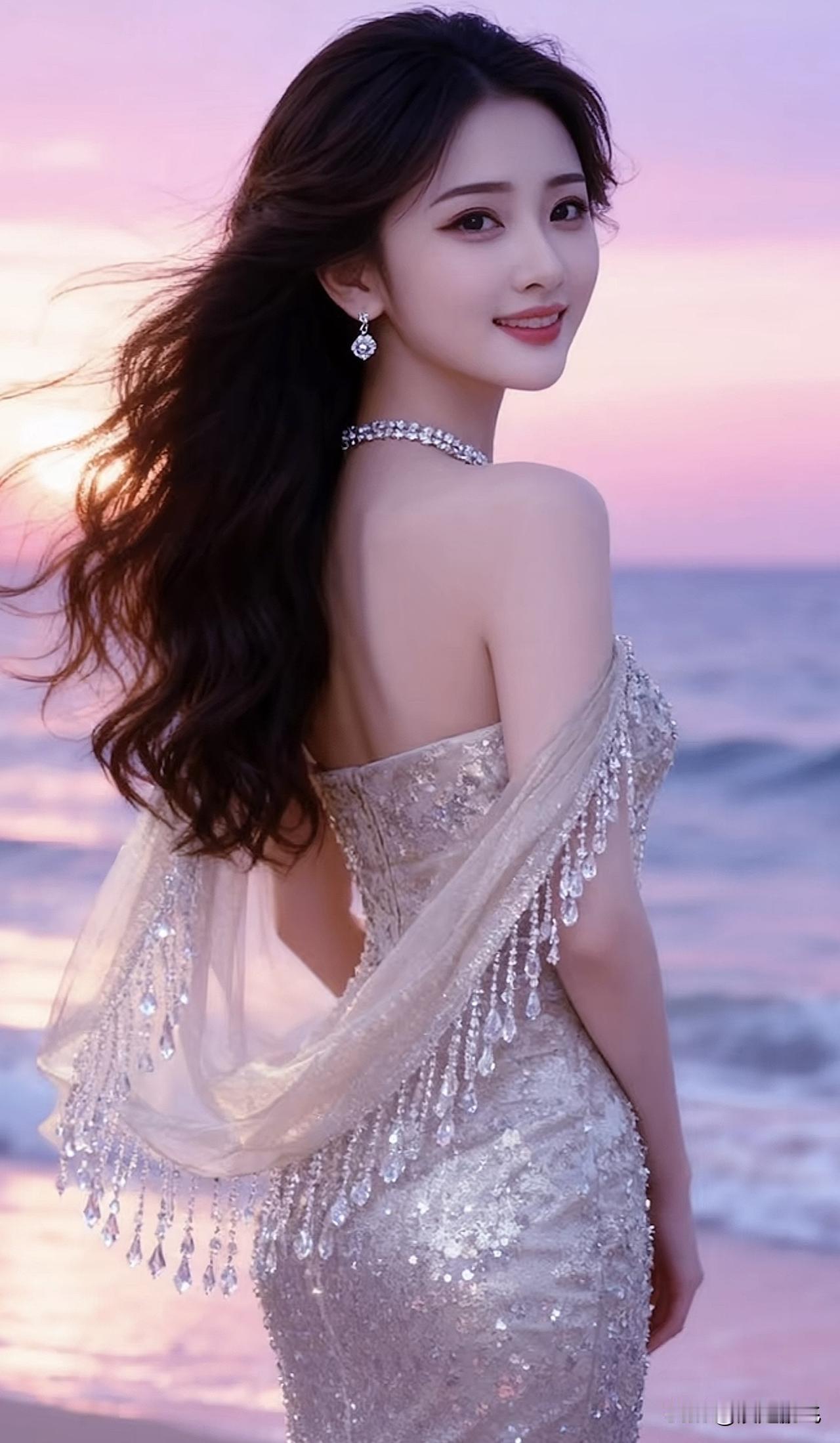 海边日落下的优雅女神，闪闪发光的礼服，美得令人窒息！🌅✨👗海边日落氛围照海