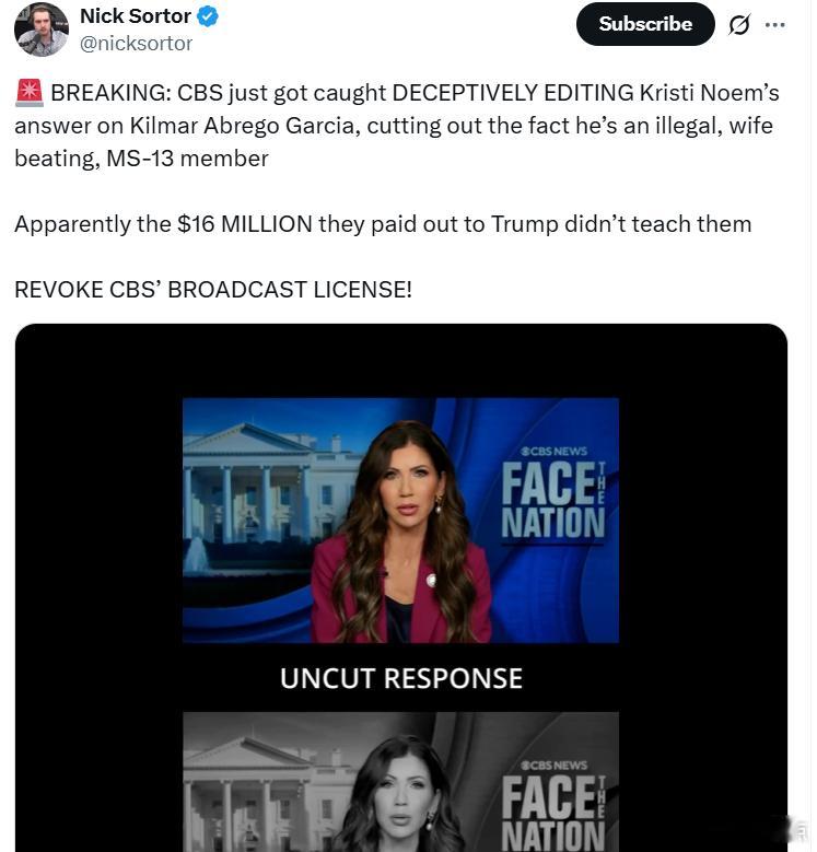 尼克·索特：CBS刚刚被发现欺骗性剪辑了克里斯蒂·诺姆关于基尔马尔·阿布雷戈·加